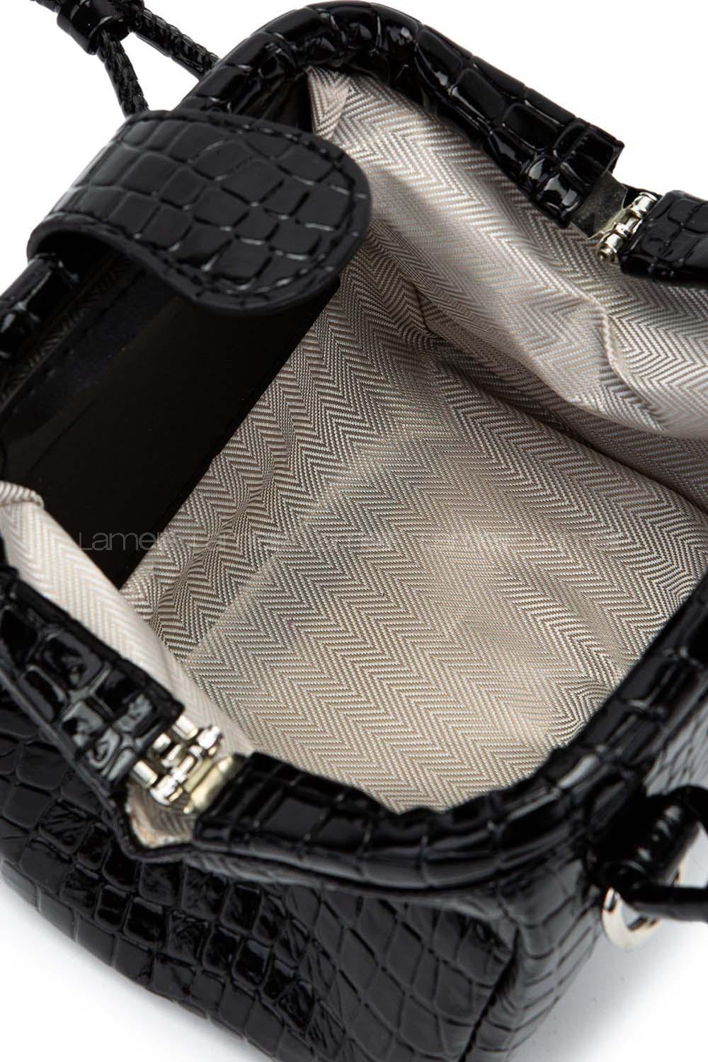 Lamelif Kroko Desenli Burslu Mekanizmalı Omuz Çantası Kadın Rugan Siyah