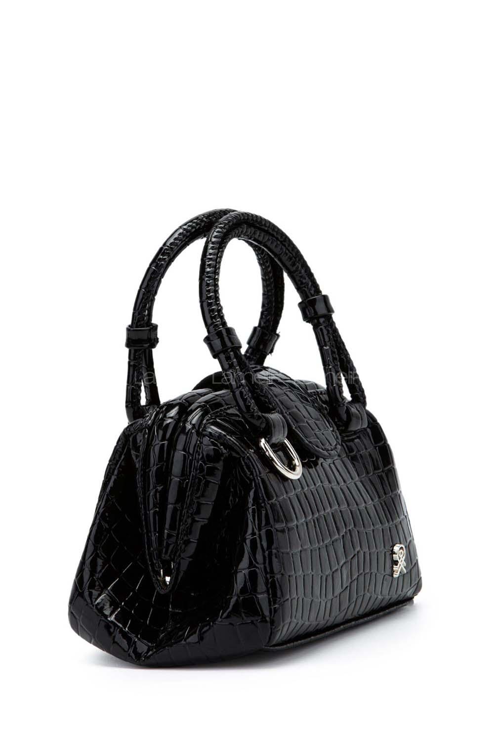 Lamelif Kroko Desenli Burslu Mekanizmalı Omuz Çantası Kadın Rugan Siyah