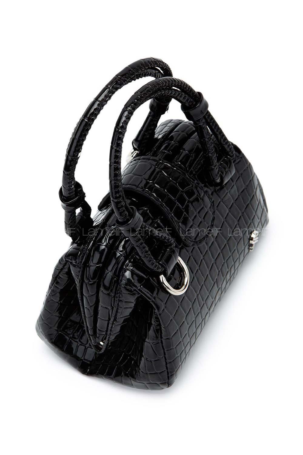 Lamelif Kroko Desenli Burslu Mekanizmalı Omuz Çantası Kadın Rugan Siyah