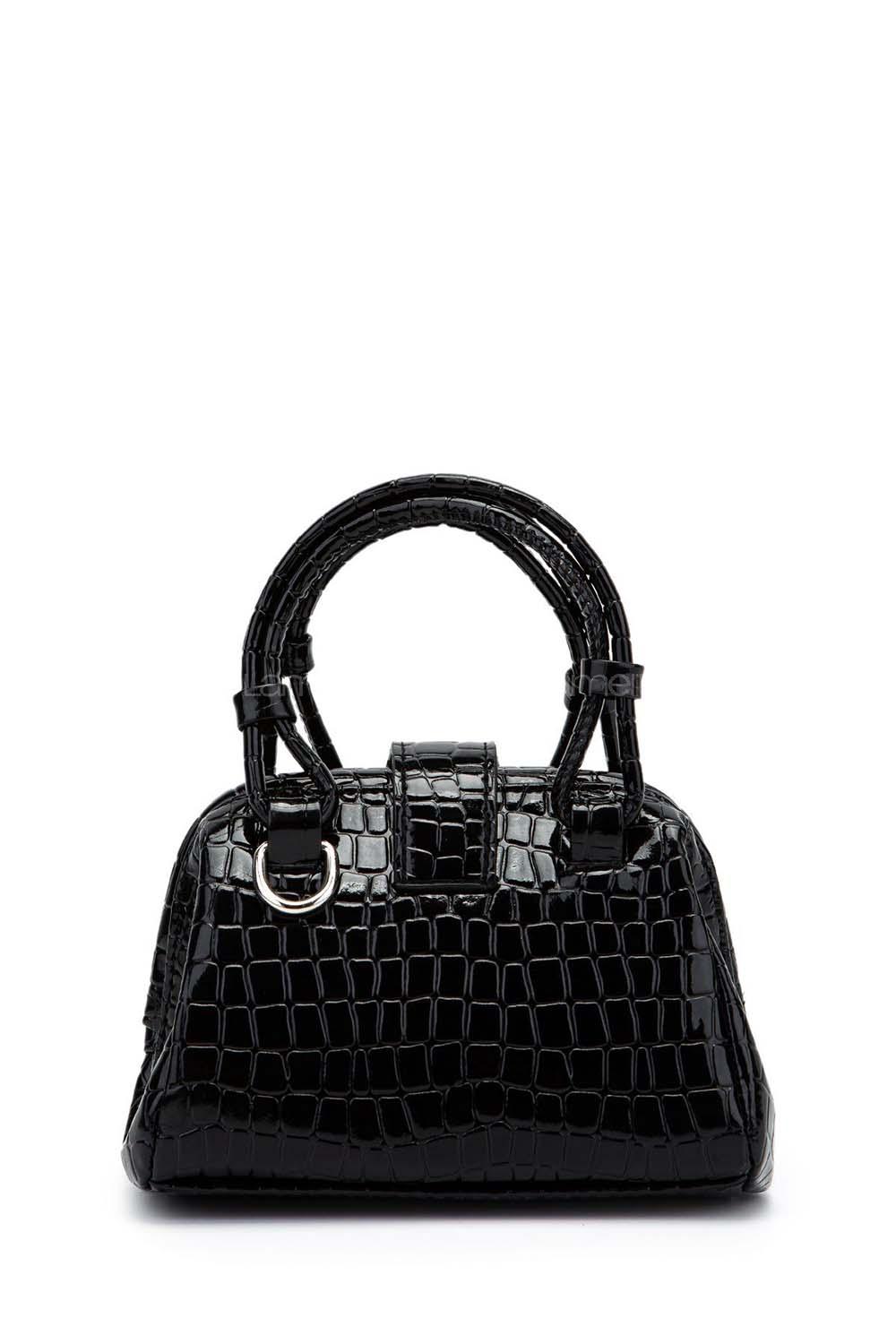Lamelif Kroko Desenli Burslu Mekanizmalı Omuz Çantası Kadın Rugan Siyah