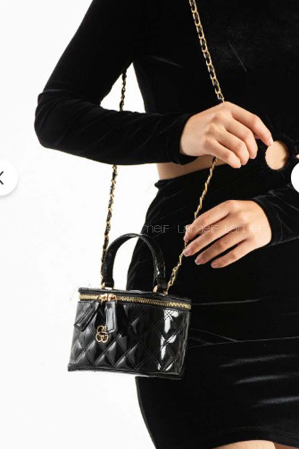 Lamelif Nakış Detaylı Kutu Model El & Omuz Çantası Kadın Rugan Siyah