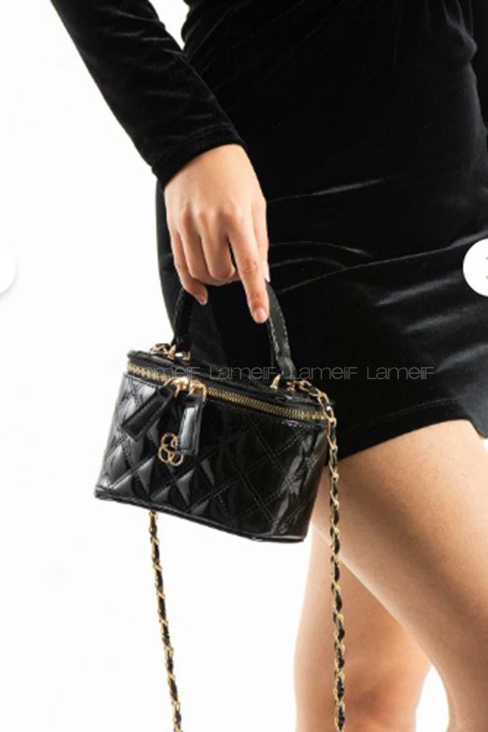 Lamelif Nakış Detaylı Kutu Model El & Omuz Çantası Kadın Rugan Siyah