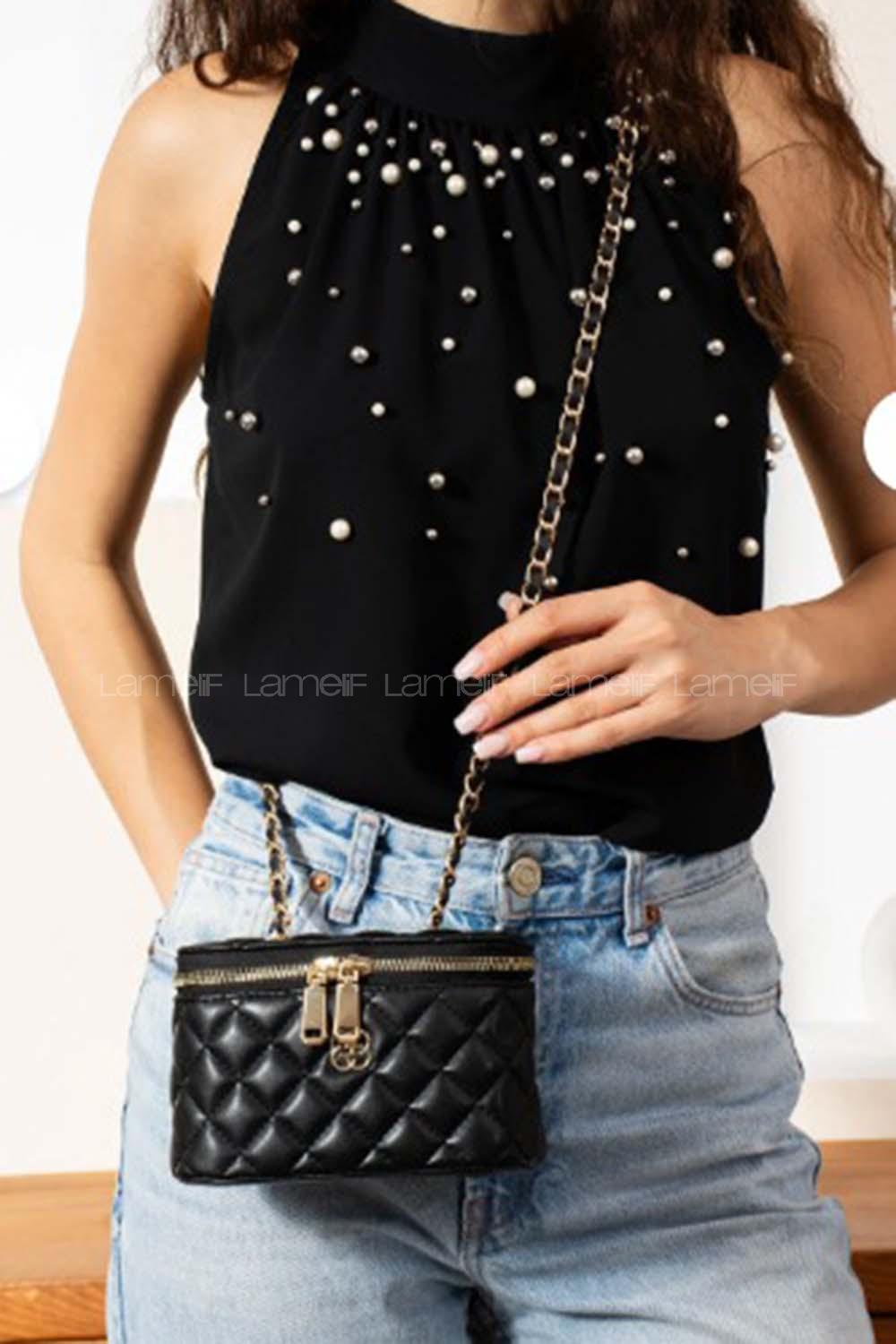 Lamelif Nakış Detaylı Kutu Model El & Omuz Çantası Kadın Siyah