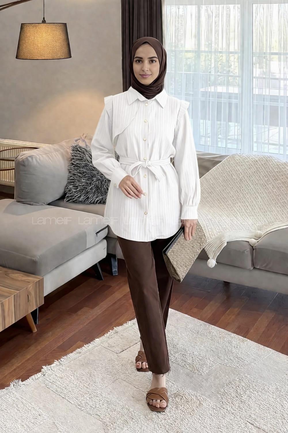 Lamelif Lamelif Vatkalı Yarım Pelerinli Gömlek Beyaz