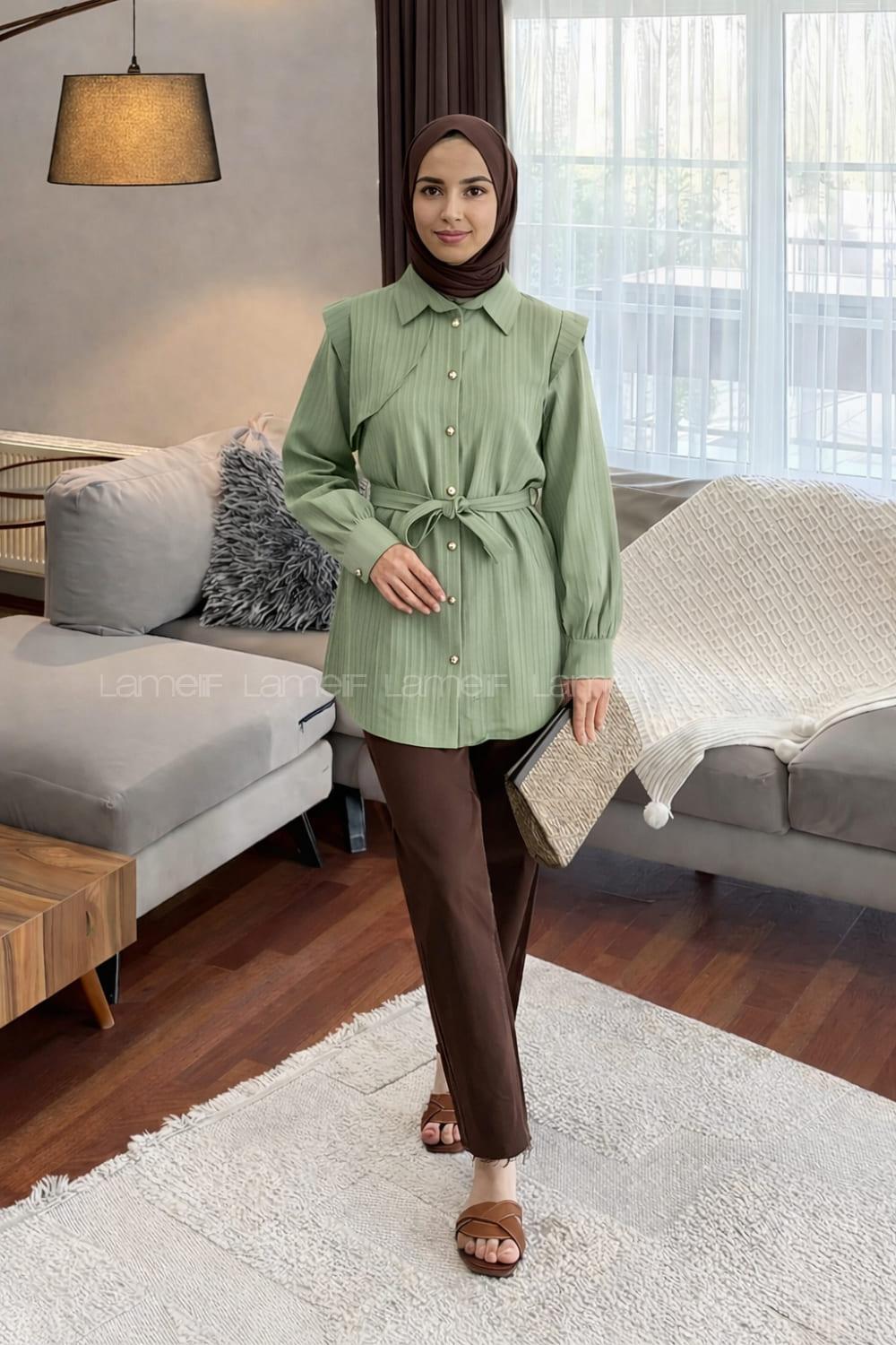 Lamelif Lamelif Vatkalı Yarım Pelerinli Gömlek Çağla Yeşili