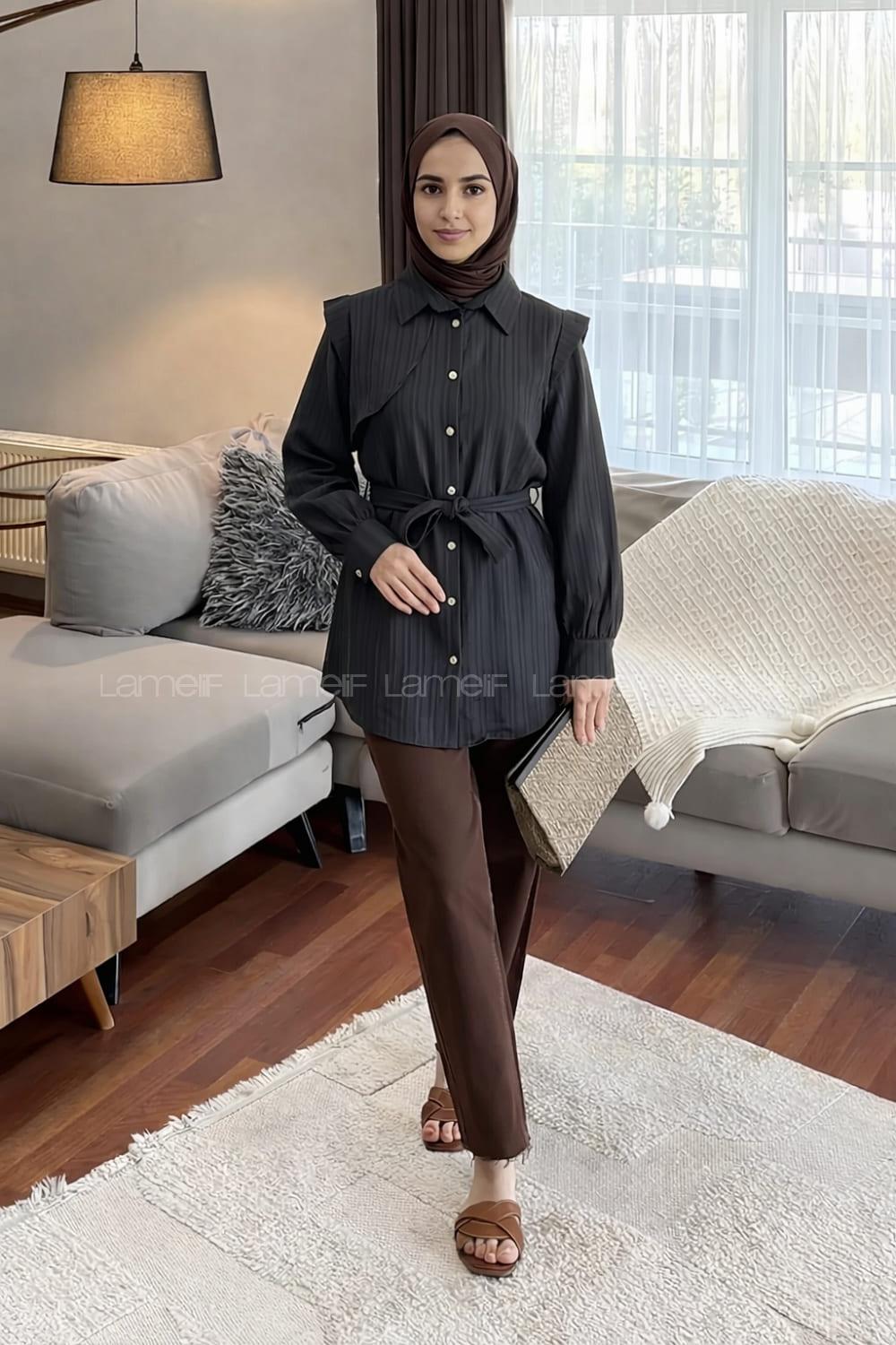 Lamelif Lamelif Vatkalı Yarım Pelerinli Gömlek Siyah