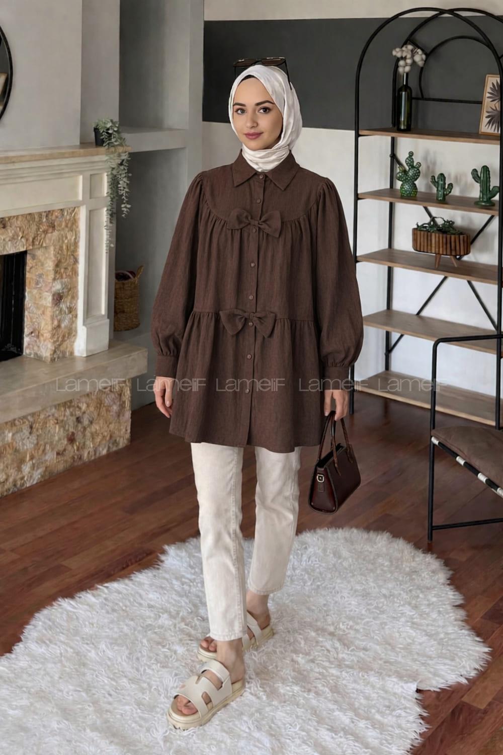 Lamelif Papyon Detaylı Tunik Acı Kahve