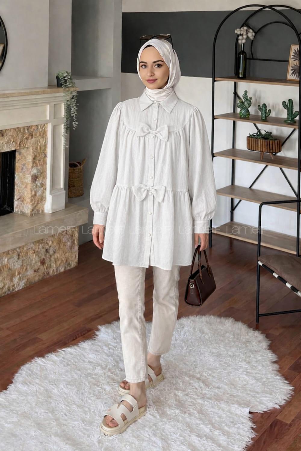 Lamelif Papyon Detaylı Tunik Beyaz