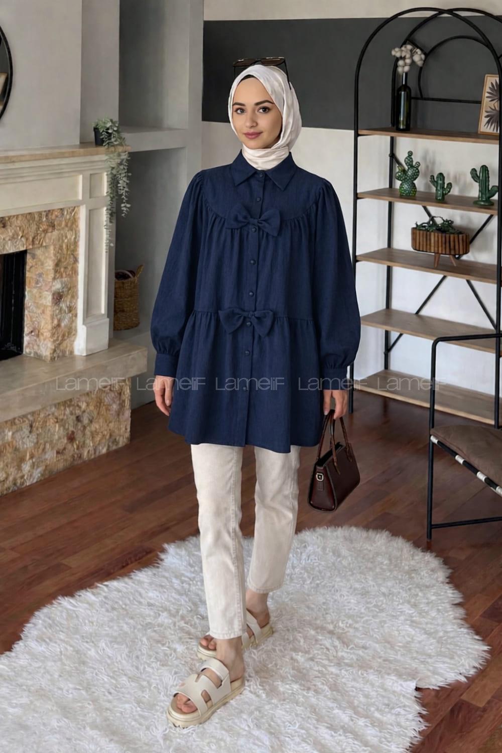 Lamelif Papyon Detaylı Tunik Lacivert