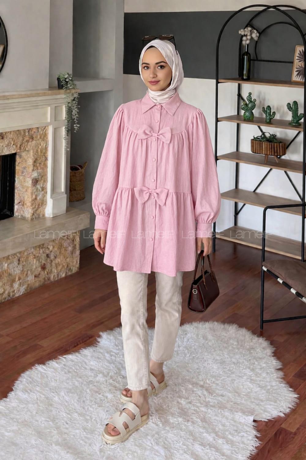 Lamelif Papyon Detaylı Tunik Pembe