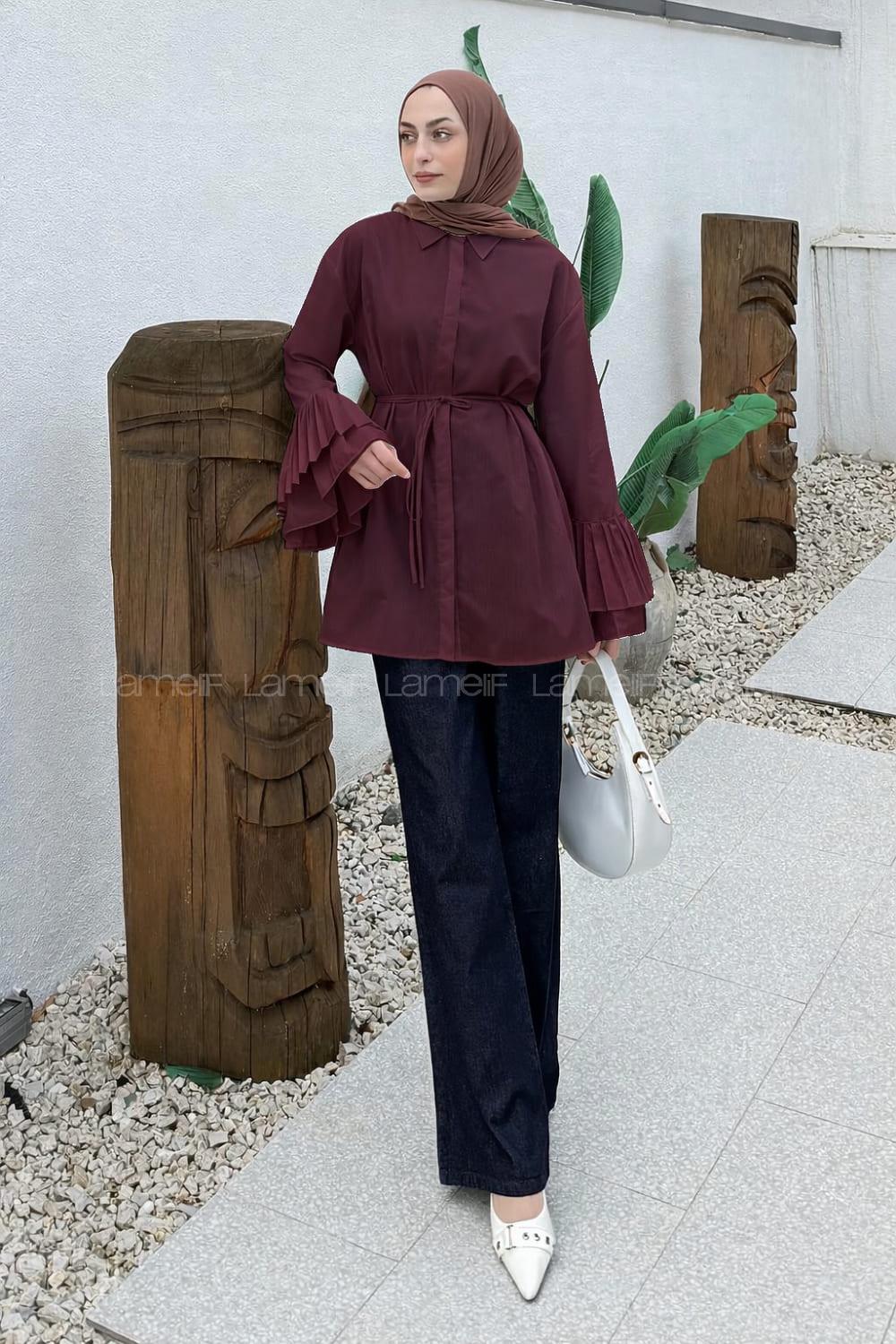 lamelif Piliseli Uzun Gömlek Mürdüm