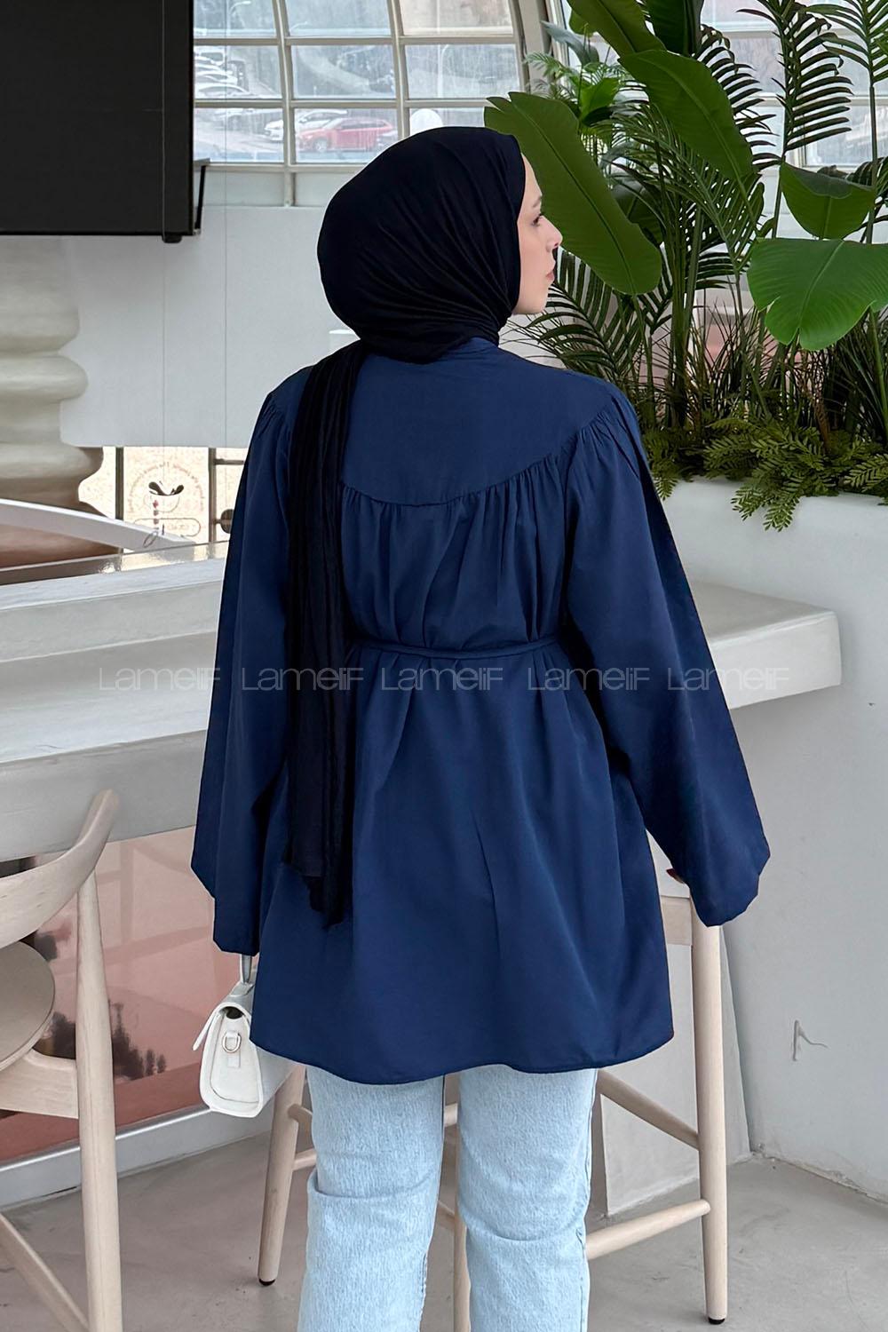 Lamelif Bağlama Detaylı Tesettür Gömlek Lacivert