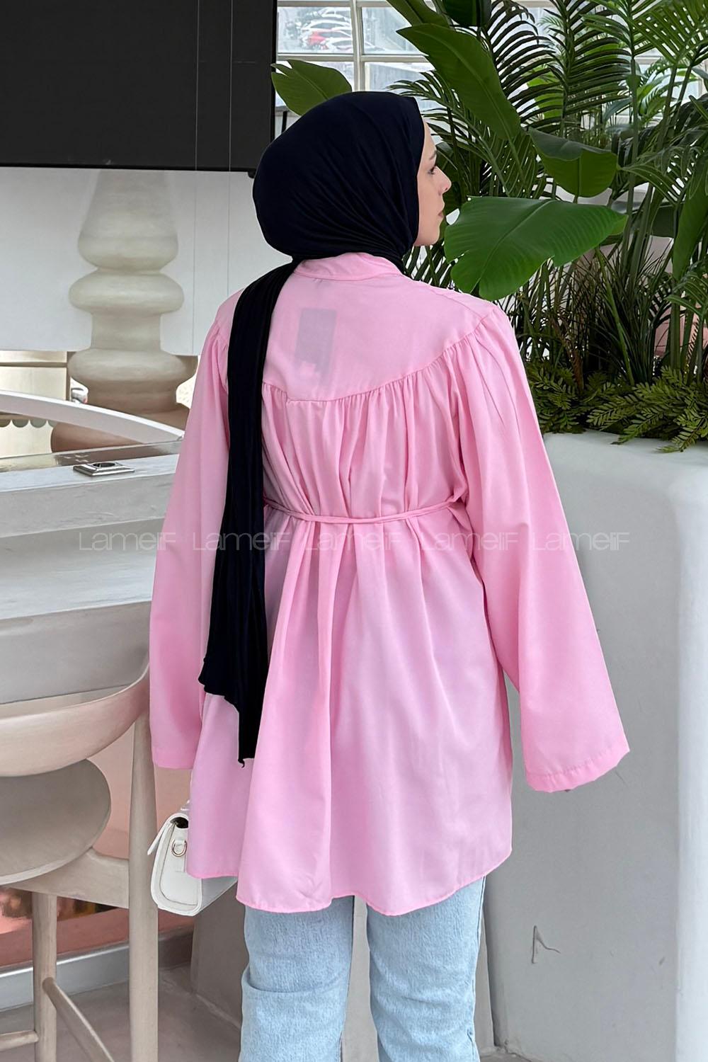 Lamelif Bağlama Detaylı Tesettür Gömlek Pembe