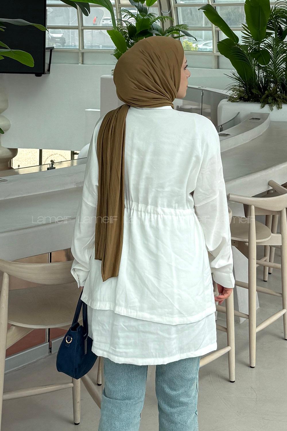 Lamelif Beli Büzgülü Düğme Detaylı Gömlek Beyaz