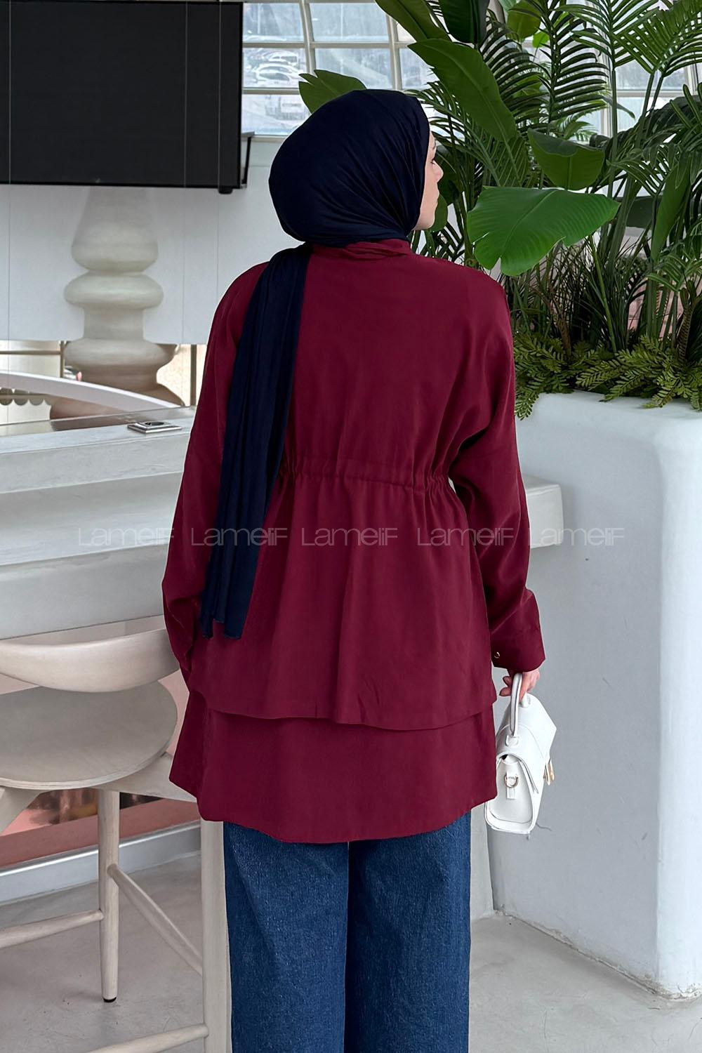 Lamelif Beli Büzgülü Düğme Detaylı Gömlek Bordo