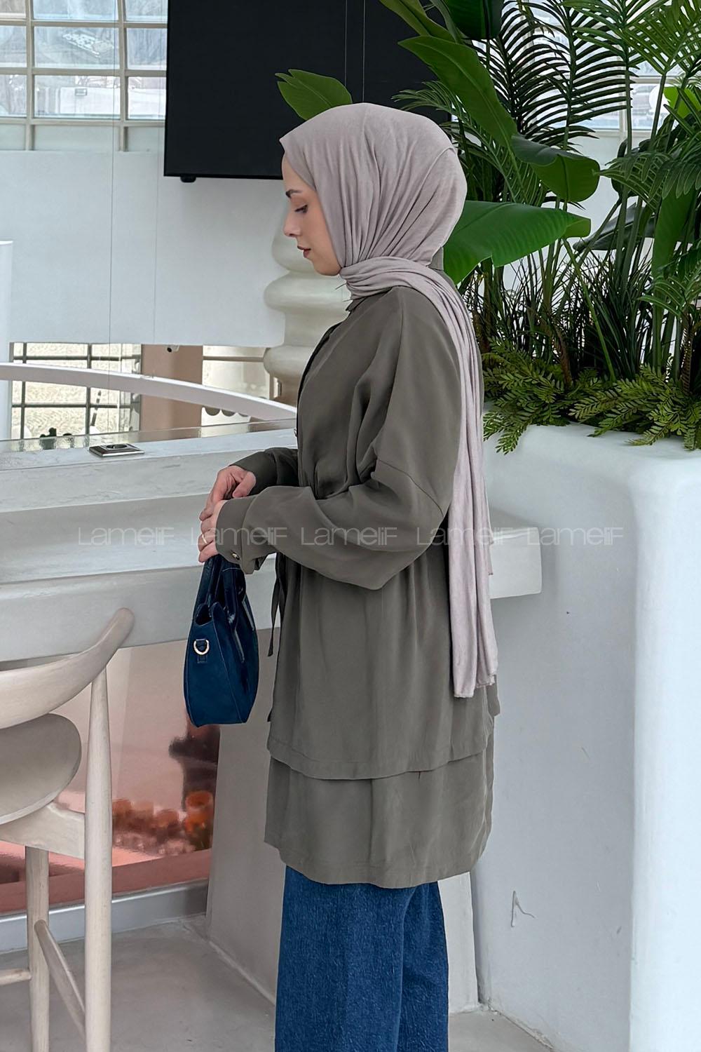 Lamelif Beli Büzgülü Düğme Detaylı Gömlek Haki