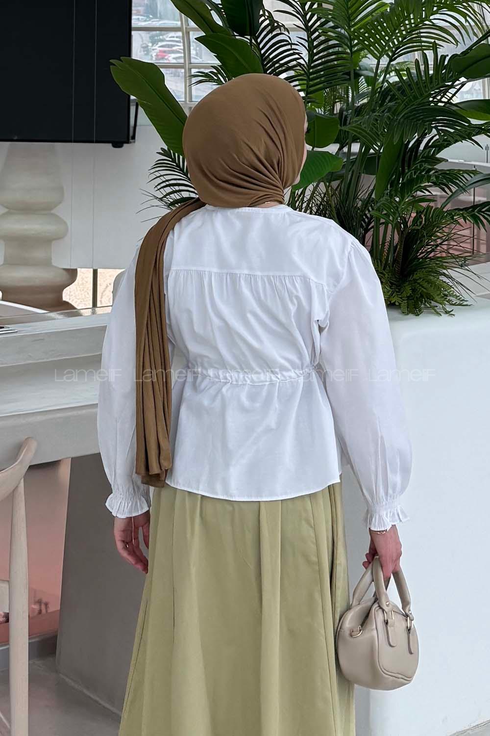 Lamelif Büzgü Detaylı Bağlamalı Gömlek Beyaz
