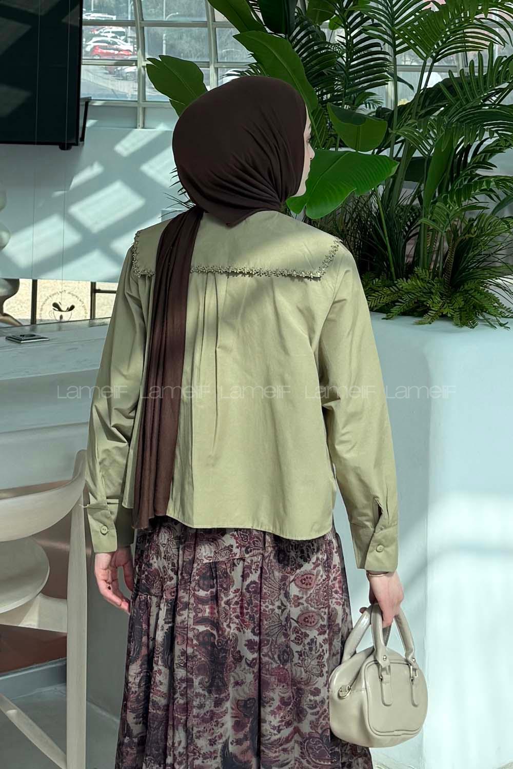 Lamelif Çiçek Detaylı Bebe Yaka Gömlek Asker Yeşili