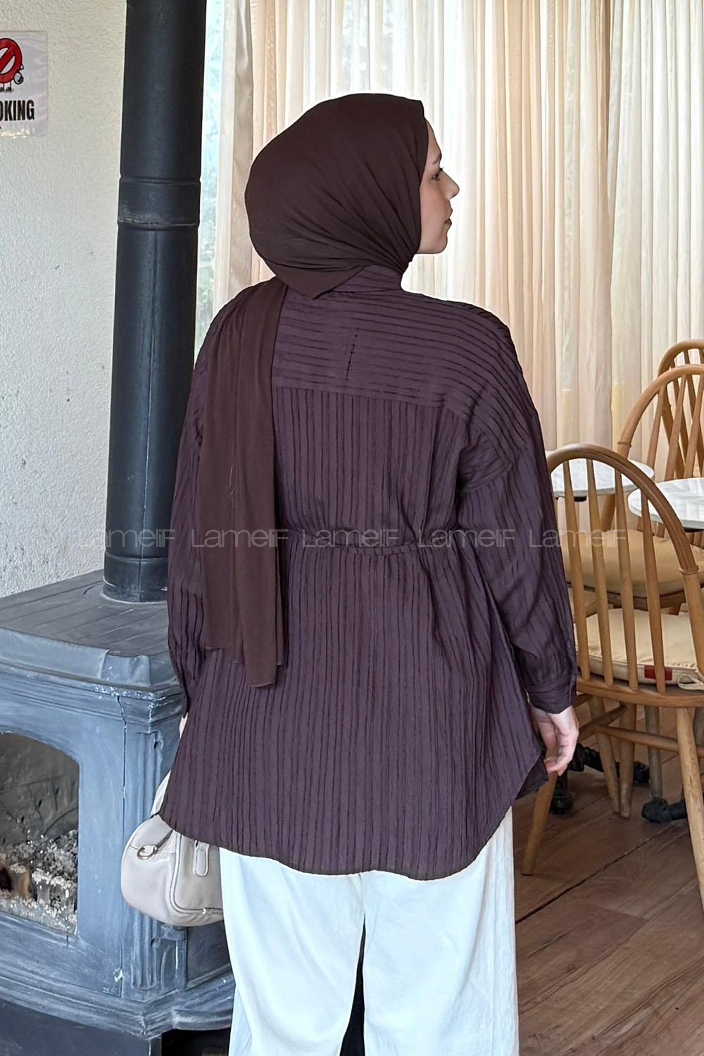 Lamelif Çizgi Detaylı Bağlamalı Gömlek Acı Kahve