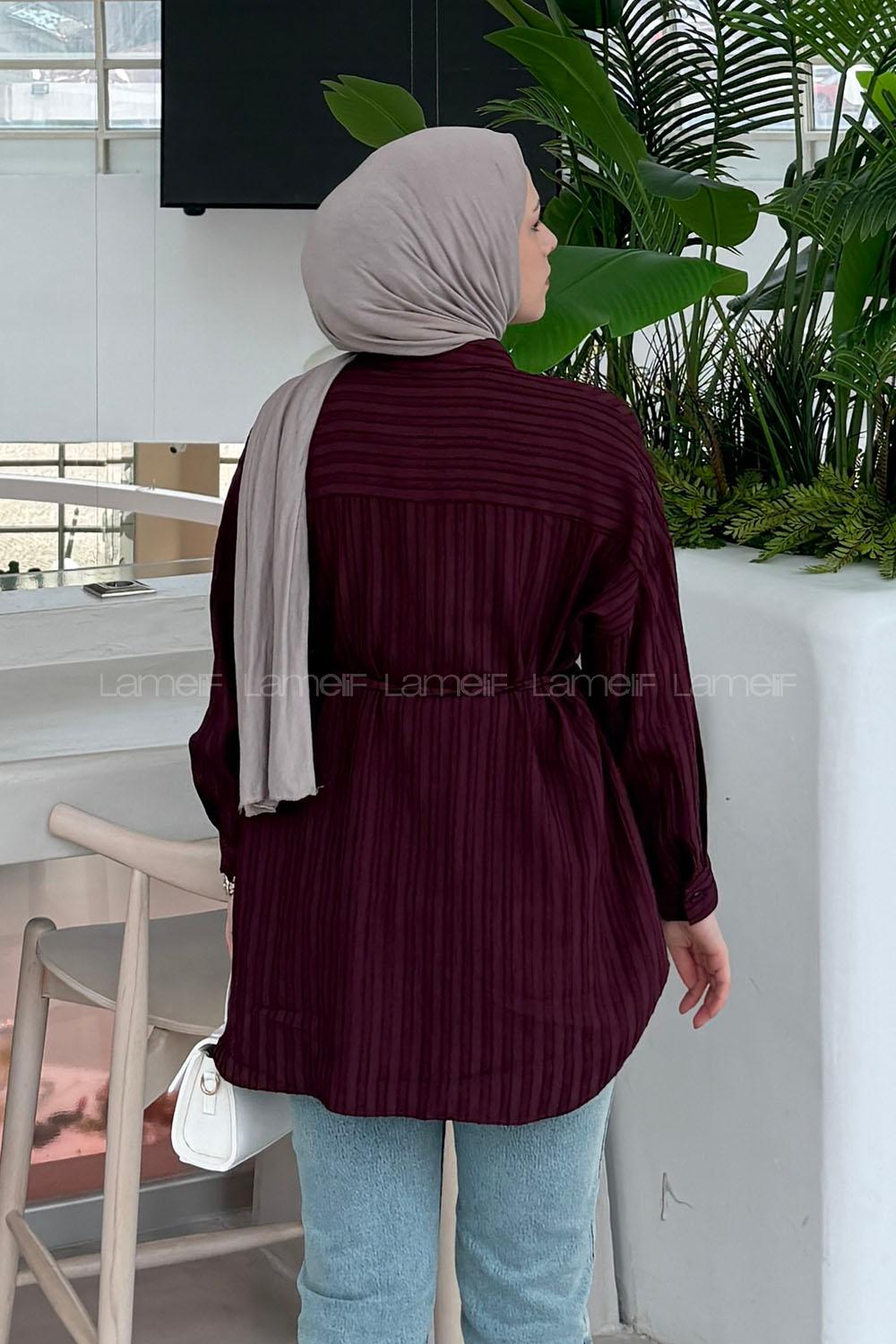 Lamelif Çizgi Detaylı Bağlamalı Gömlek Bordo