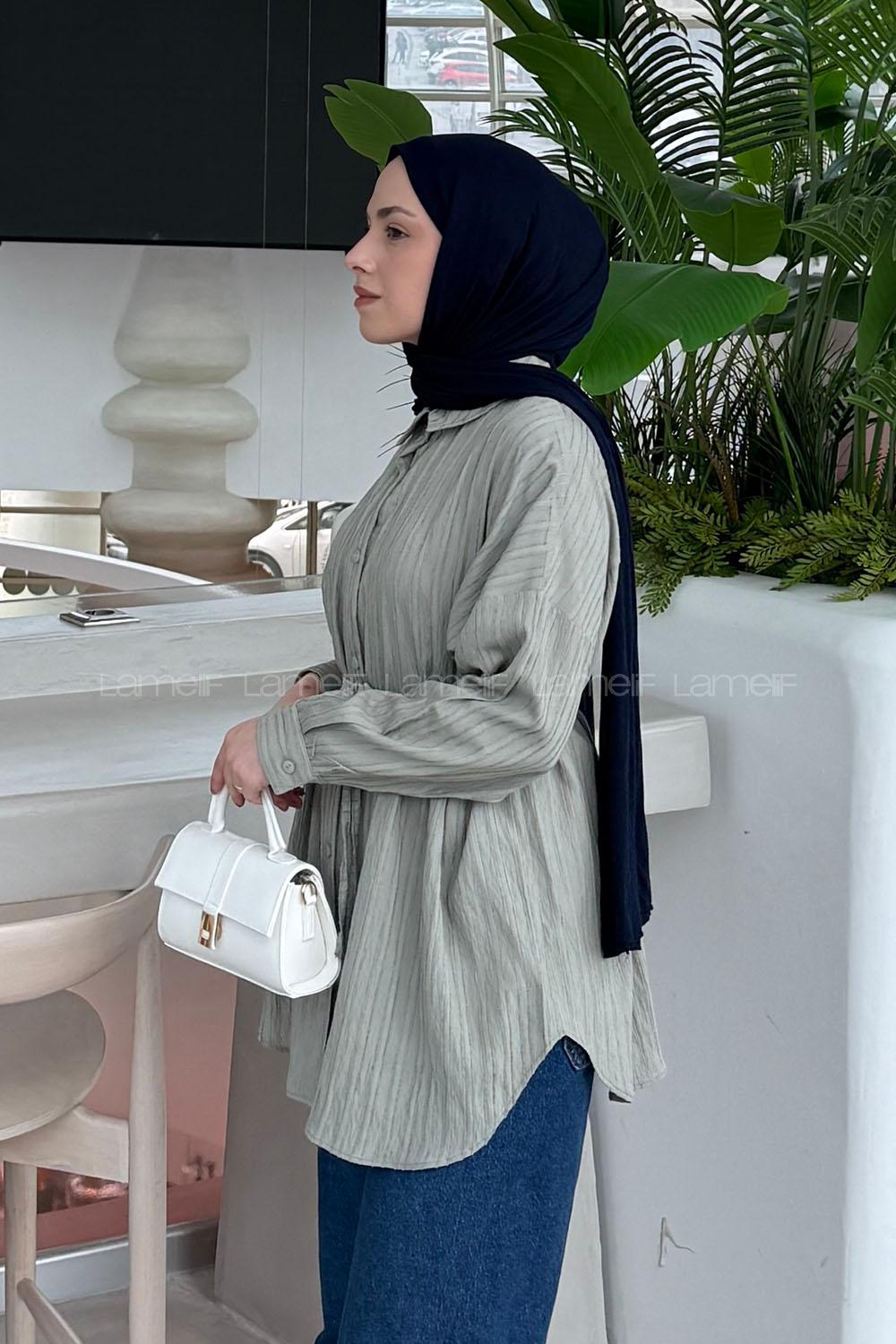 Lamelif Çizgi Detaylı Bağlamalı Gömlek Çağla Yeşili