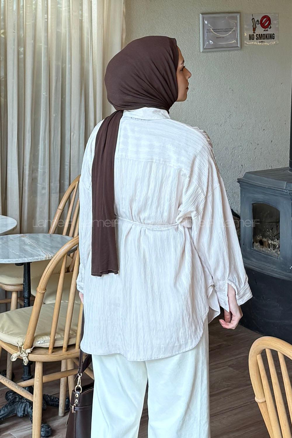Lamelif Çizgi Detaylı Bağlamalı Gömlek Krem