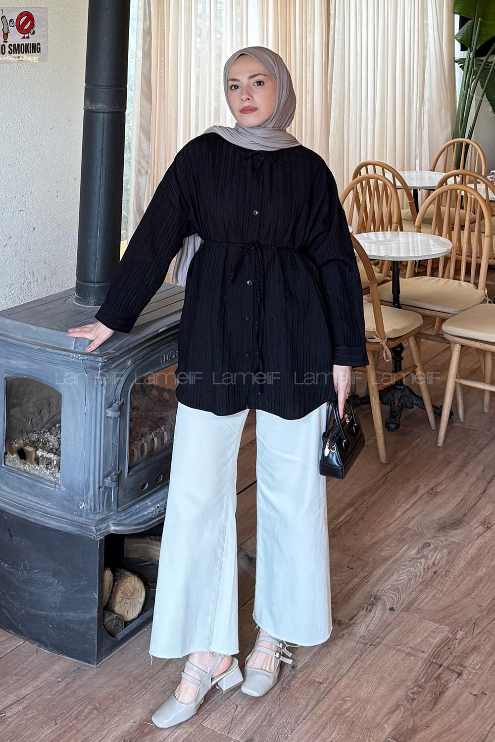 Lamelif Çizgi Detaylı Bağlamalı Gömlek Siyah