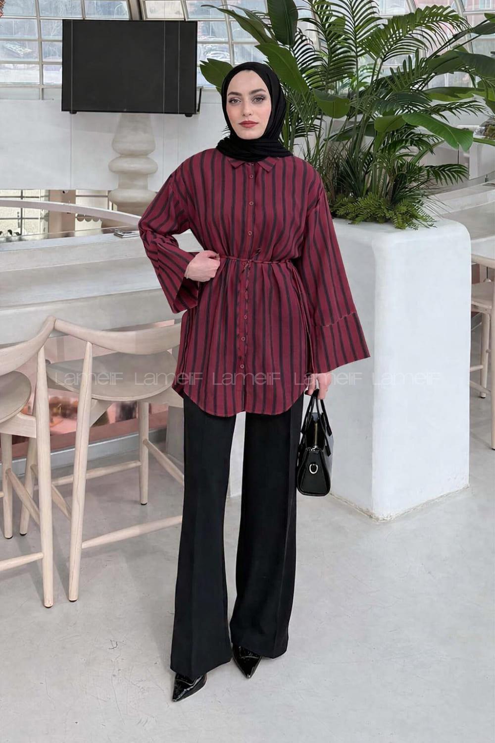 Lamelif Çizgili Bağlamalı Gömlek Bordo