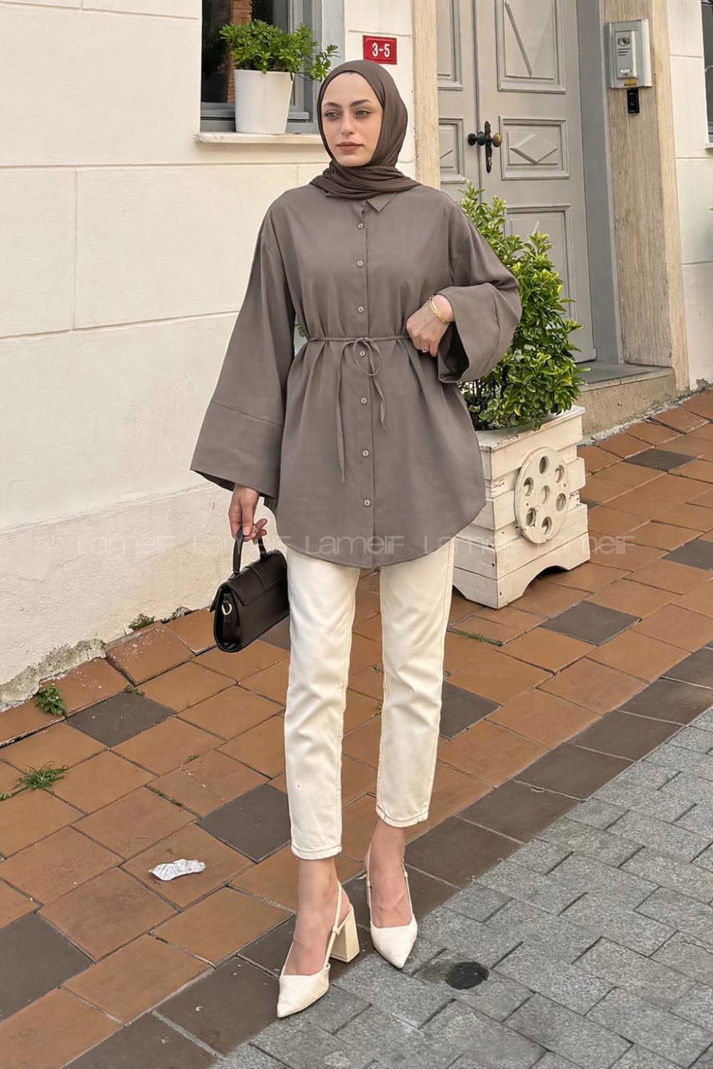 Lamelif Cupra Belden İpli Tesettür Gömlek Soft Kahve