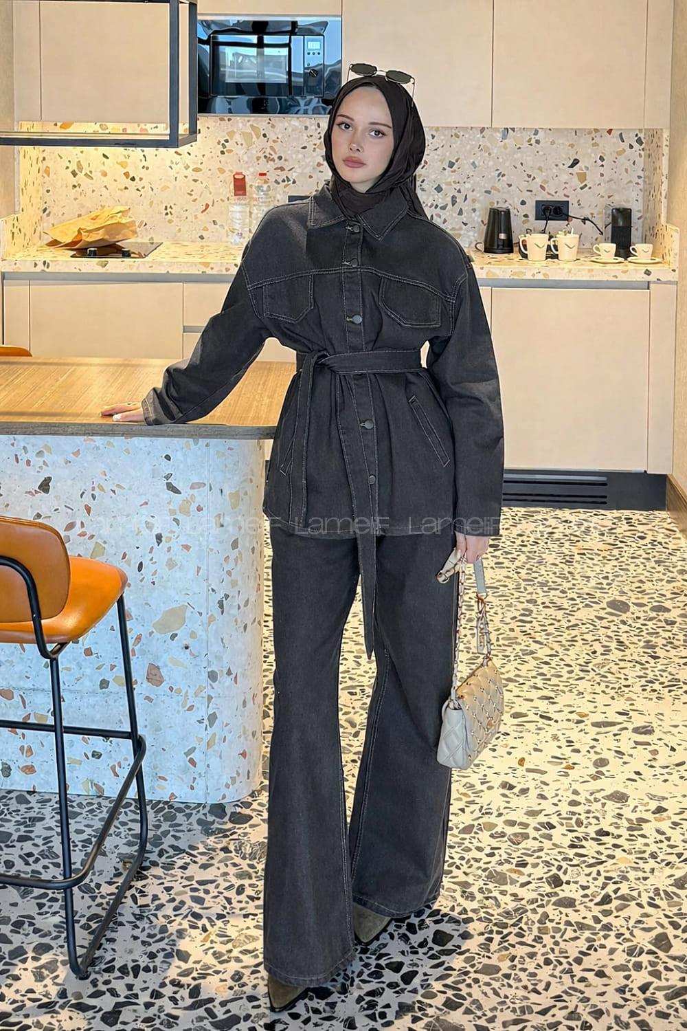 Lamelif Denim Ceket-Pantolon İkili Takım Füme