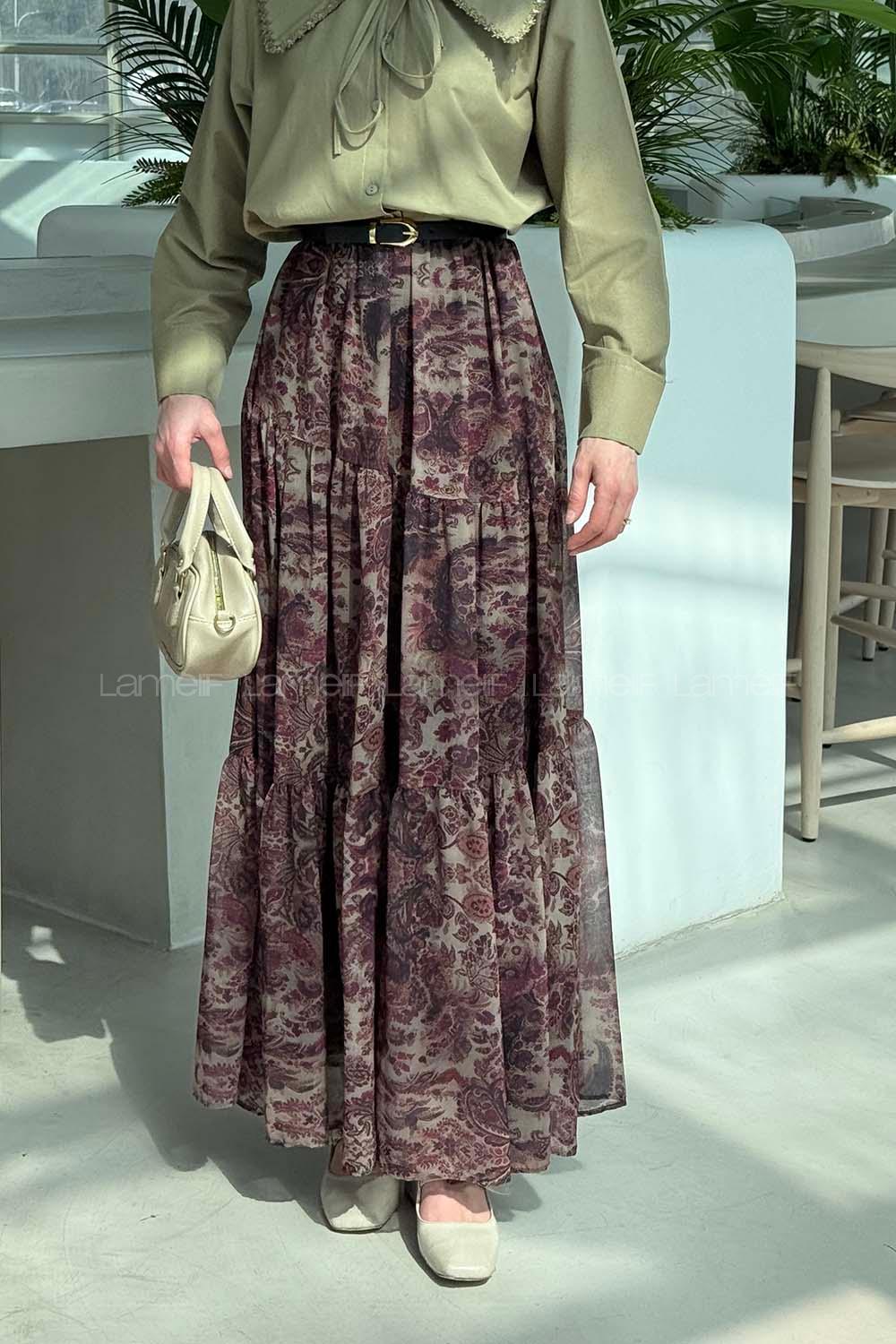 Lamelif Etnik Desen Pileli Etek Haki