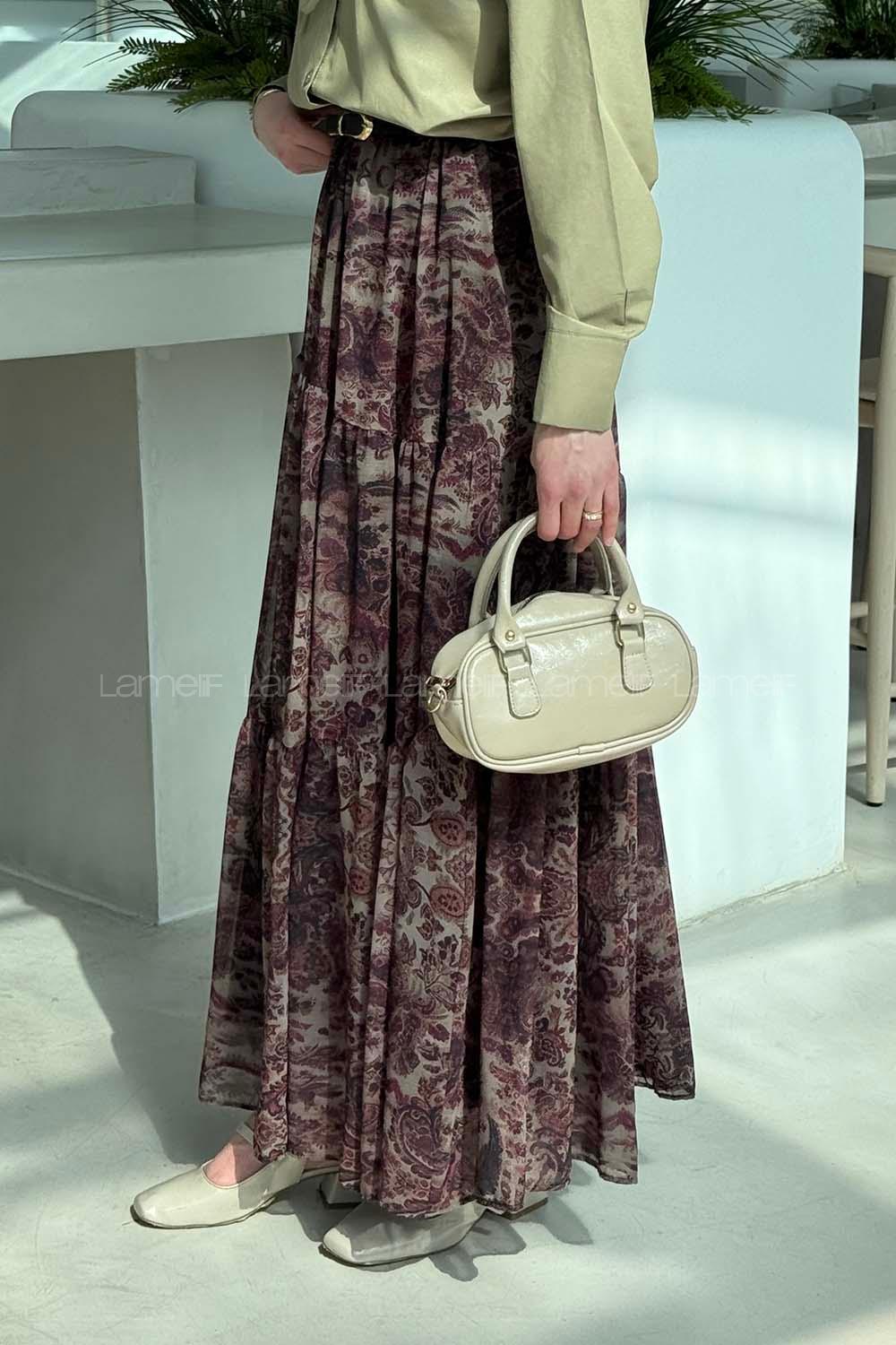 Lamelif Etnik Desen Pileli Etek Haki