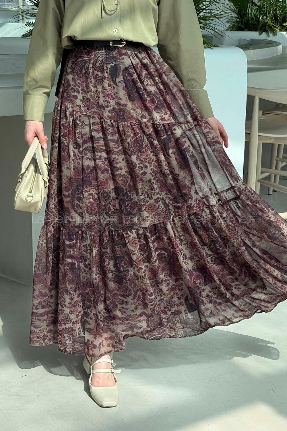 Lamelif Etnik Desen Pileli Etek Haki