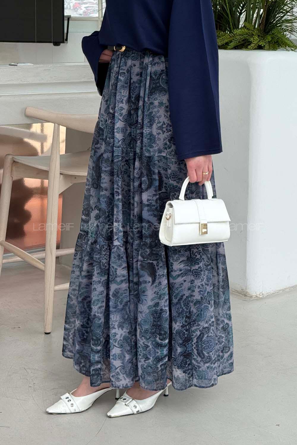 Lamelif Etnik Desen Pileli Etek İndigo