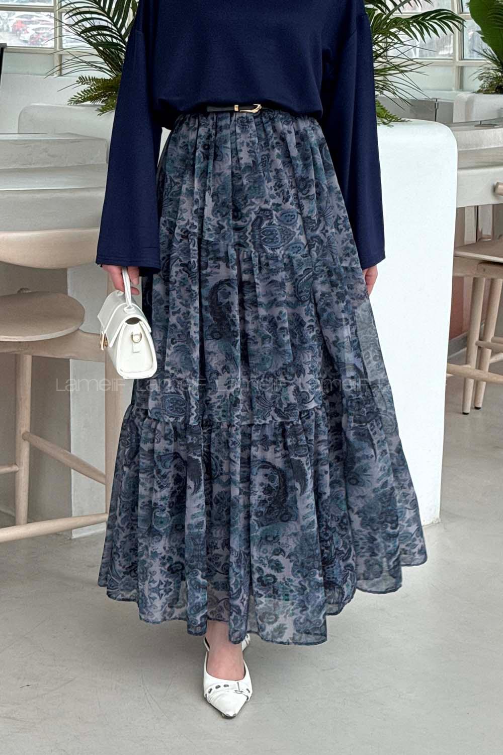 Lamelif Etnik Desen Pileli Etek İndigo