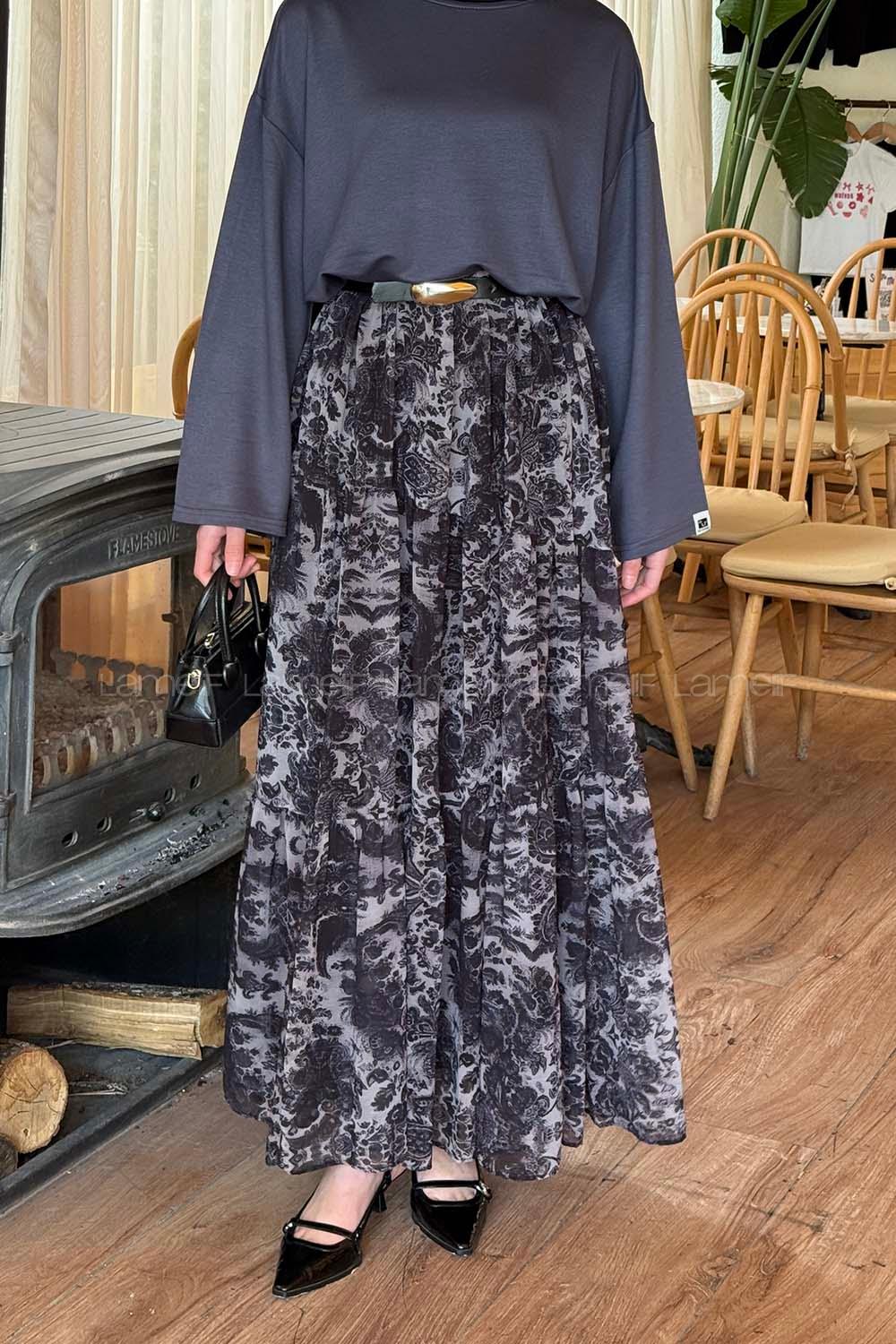 Lamelif Etnik Desen Pileli Etek Siyah