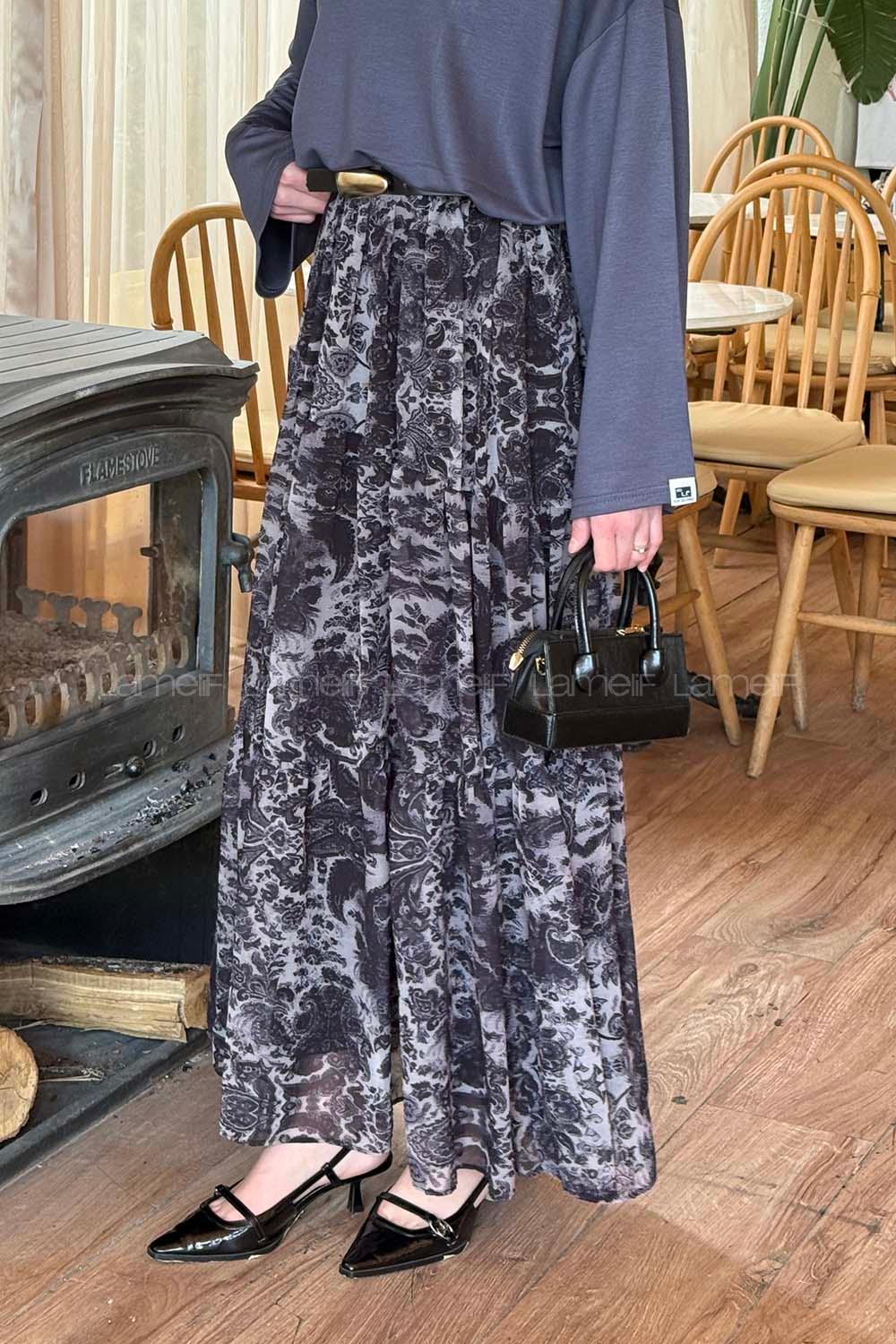 Lamelif Etnik Desen Pileli Etek Siyah