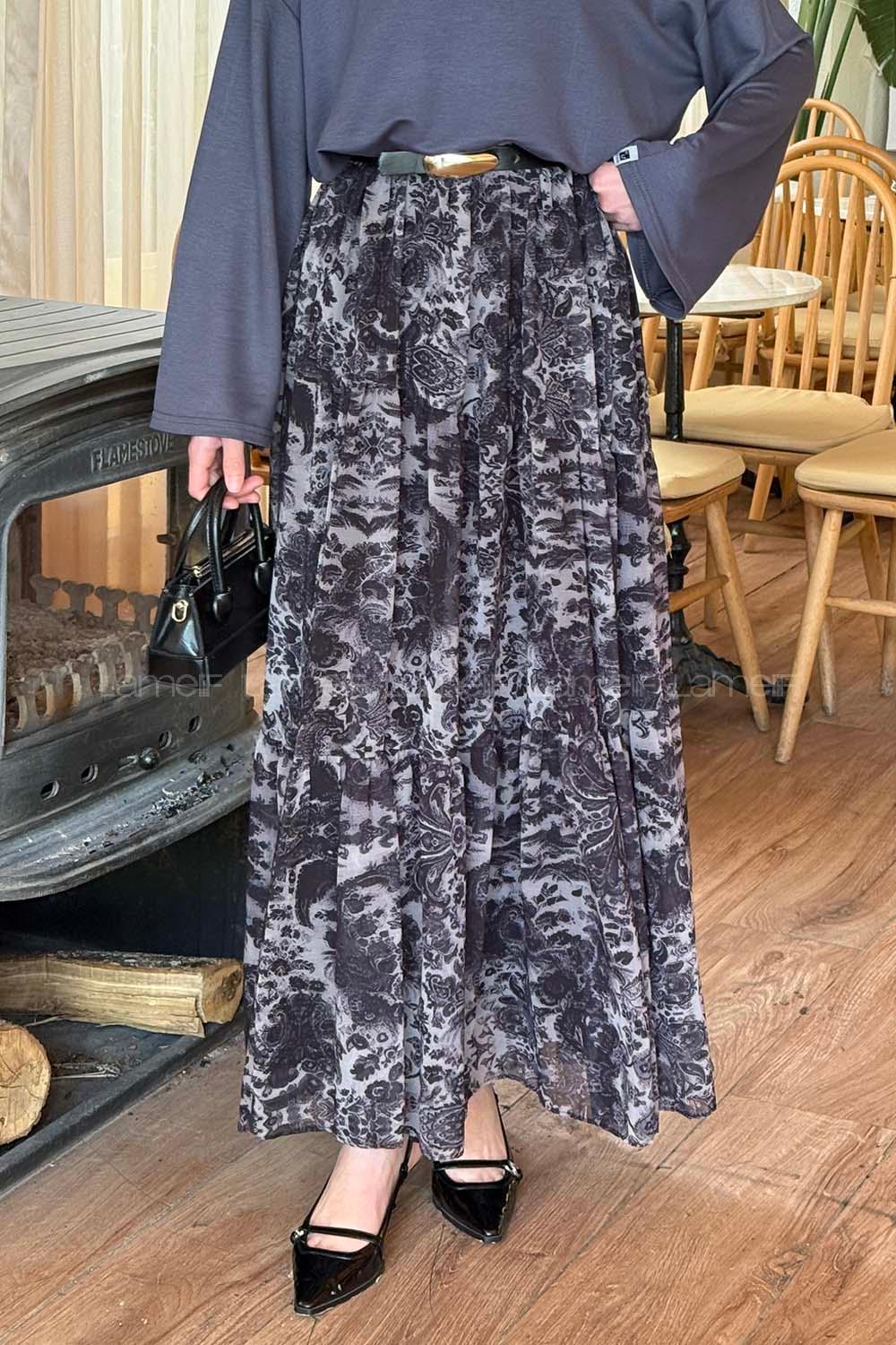 Lamelif Etnik Desen Pileli Etek Siyah