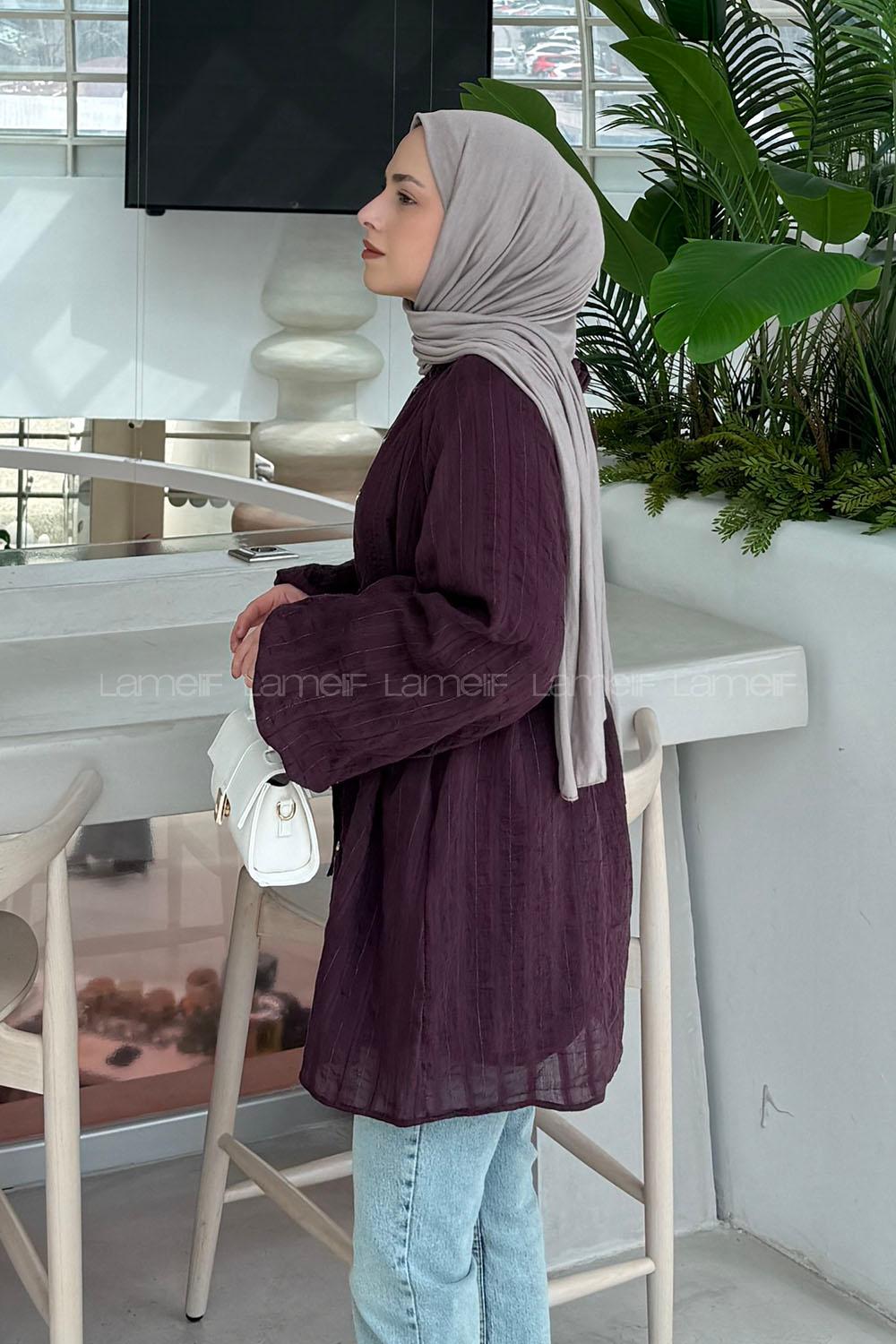 Lamelif Fırfır Yaka Krinkle Tunik Mürdüm