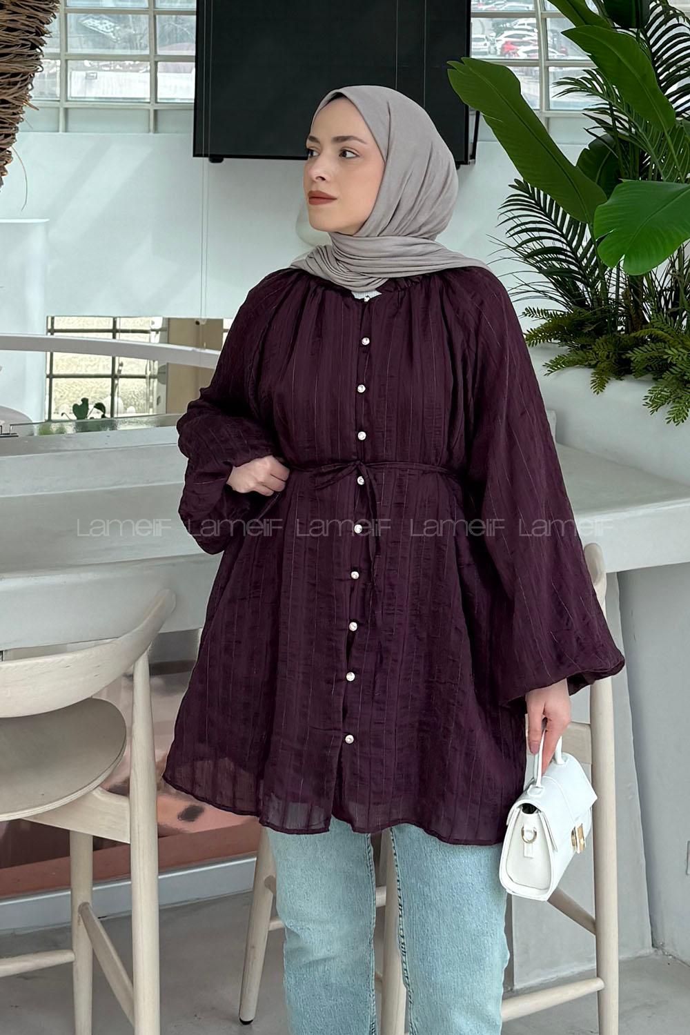 Lamelif Fırfır Yaka Krinkle Tunik Mürdüm