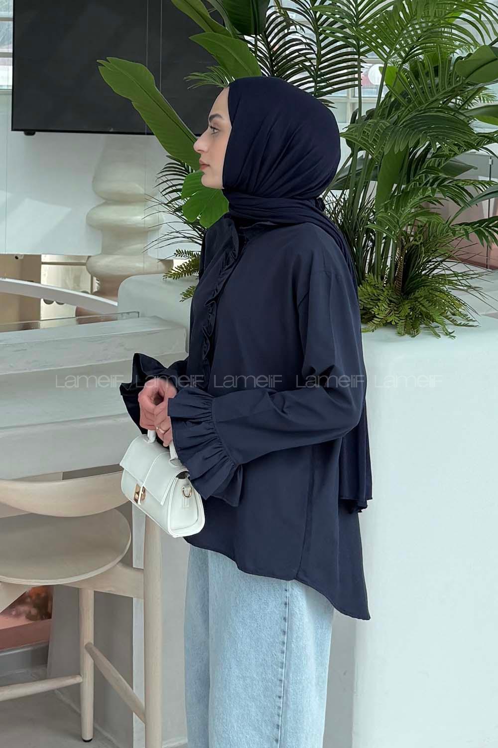 Lamelif Fırfırlı Gömlek Lacivert
