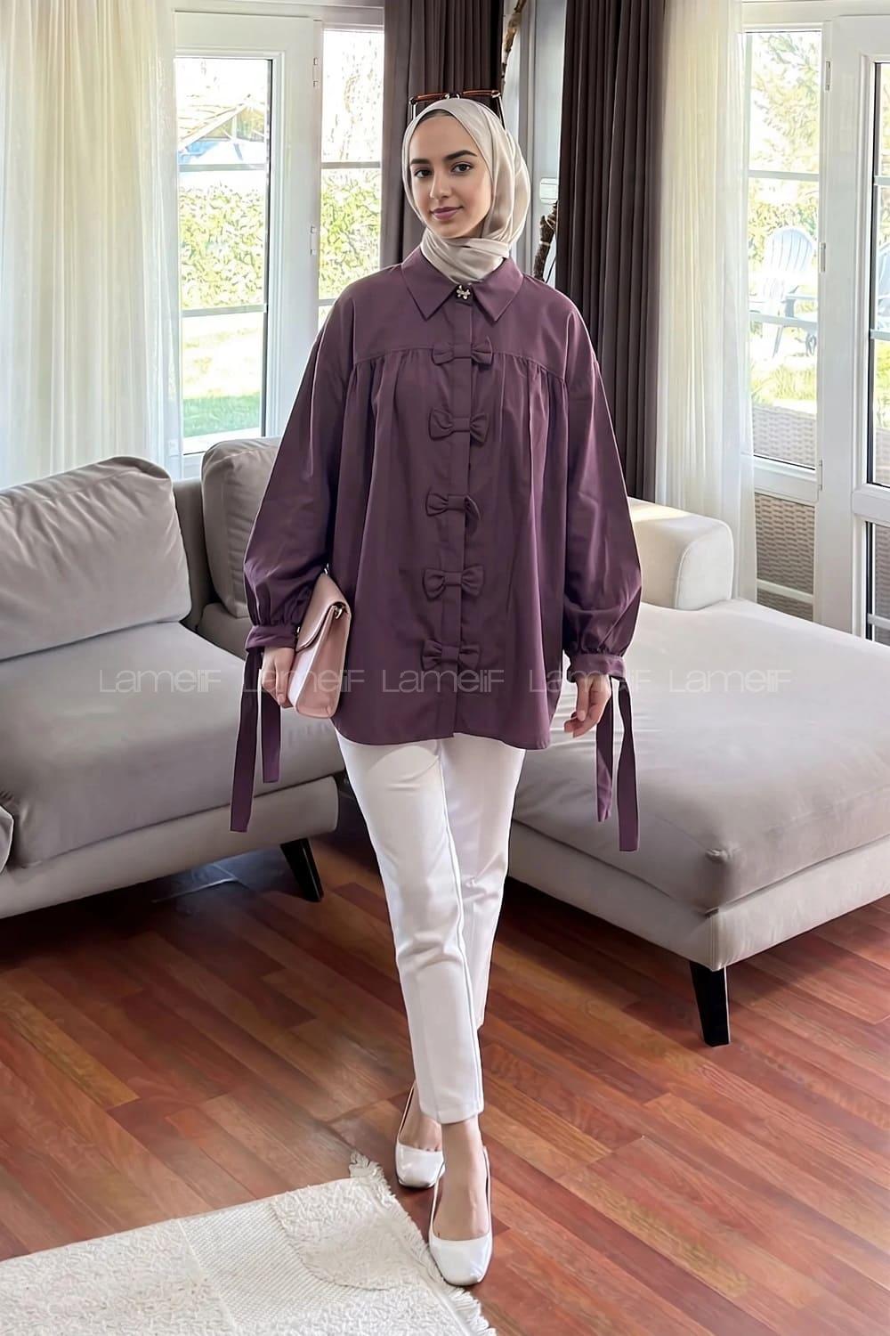 Lamelif Fiyonk Detaylı Ön Kapama Gömlek Mürdüm