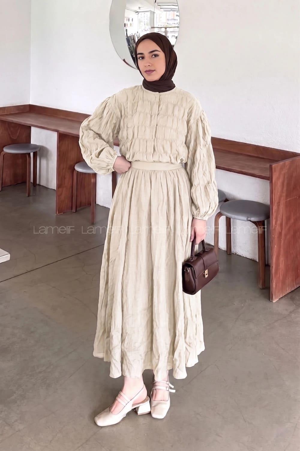 Lamelif Gofre Dokulu Ceket-Etek Takım Krem