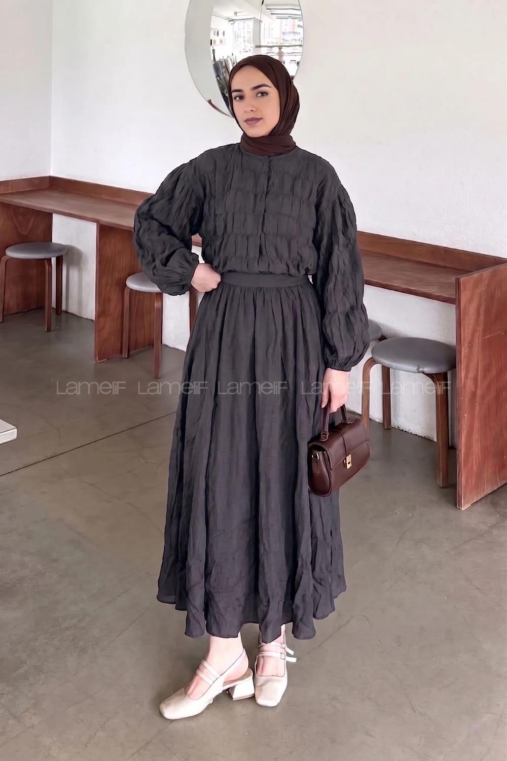 Lamelif Gofre Dokulu Ceket-Etek Takım Siyah