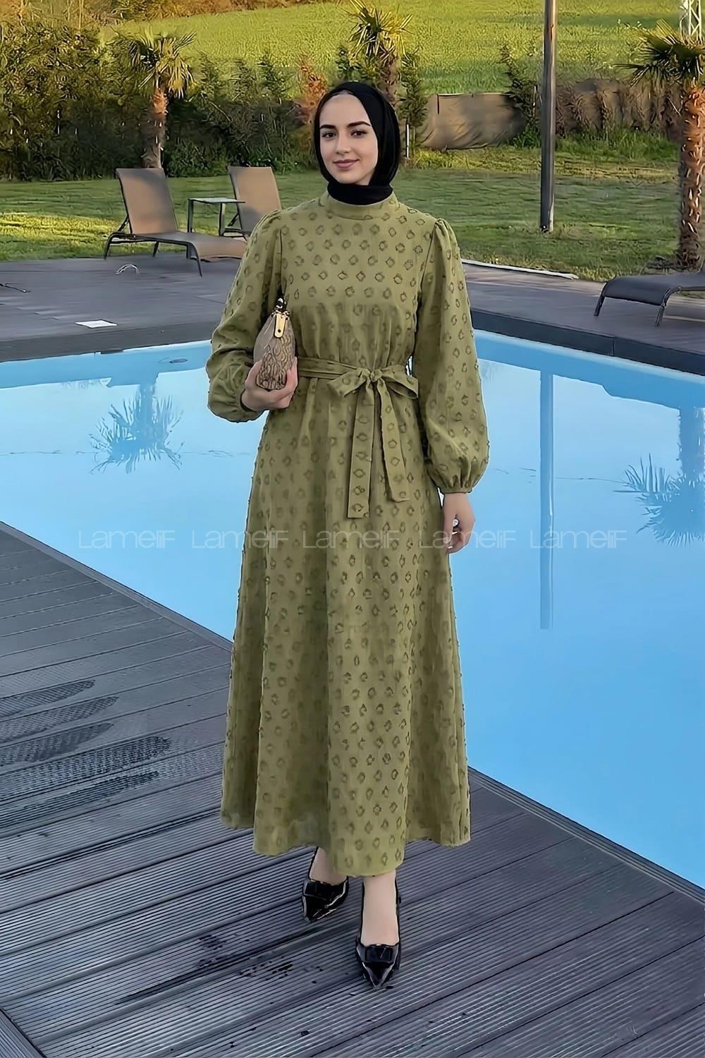 Lamelif Kabartma Nakış İşlemeli Tesettür Elbise Çağla Yeşili