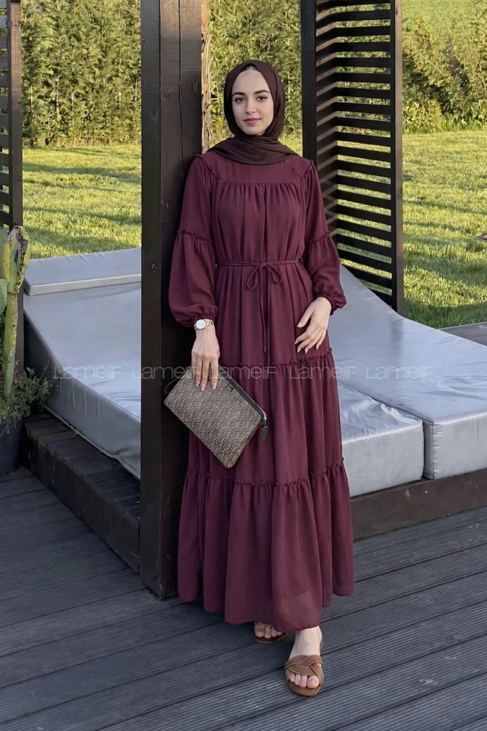 Lamelif Kat Kat Detaylı Tesettür Elbise Bordo