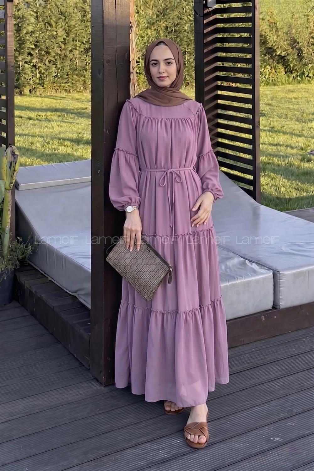 Lamelif Kat Kat Detaylı Tesettür Elbise Lila