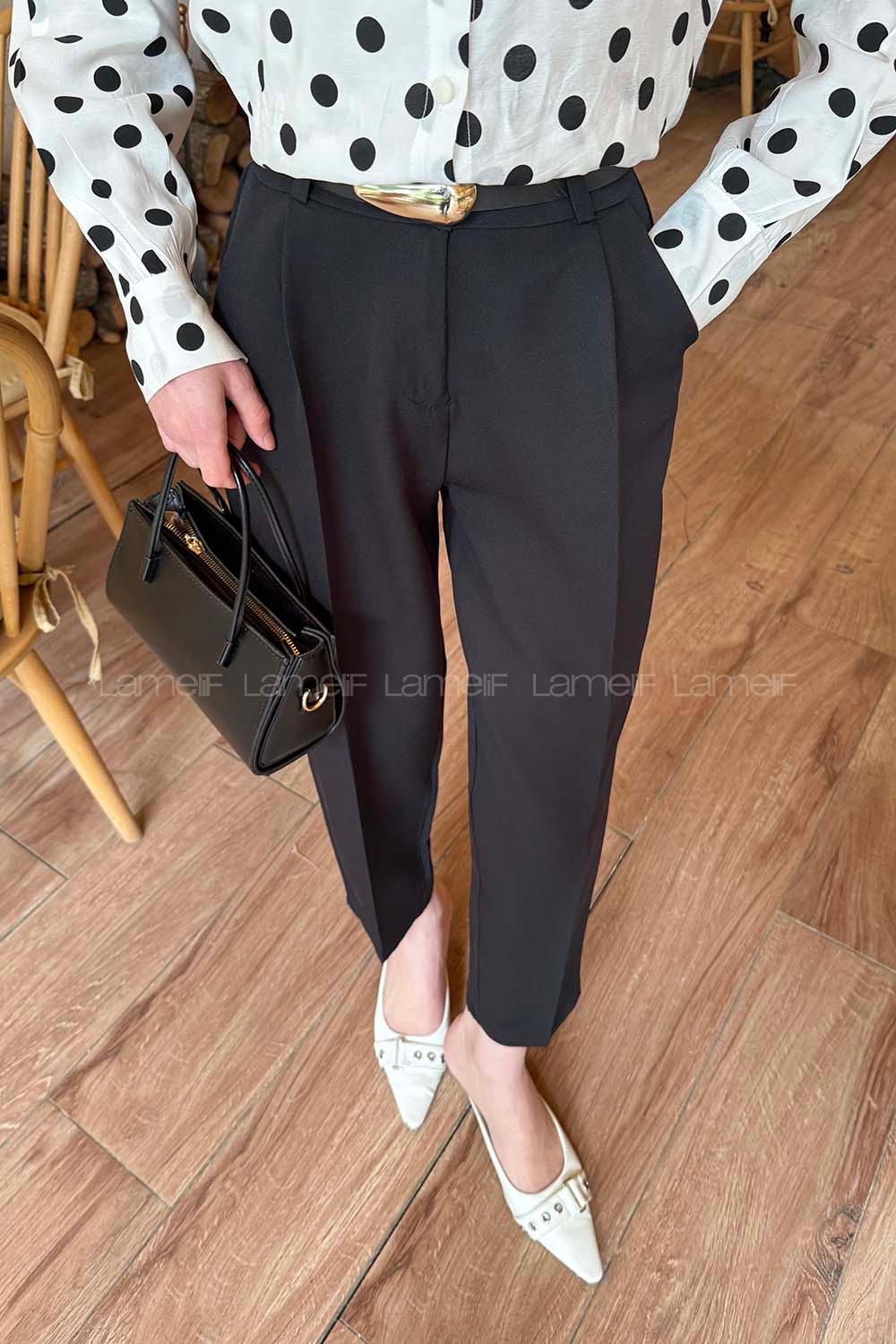 Black Combed Fabric Normal Waist Material Pants