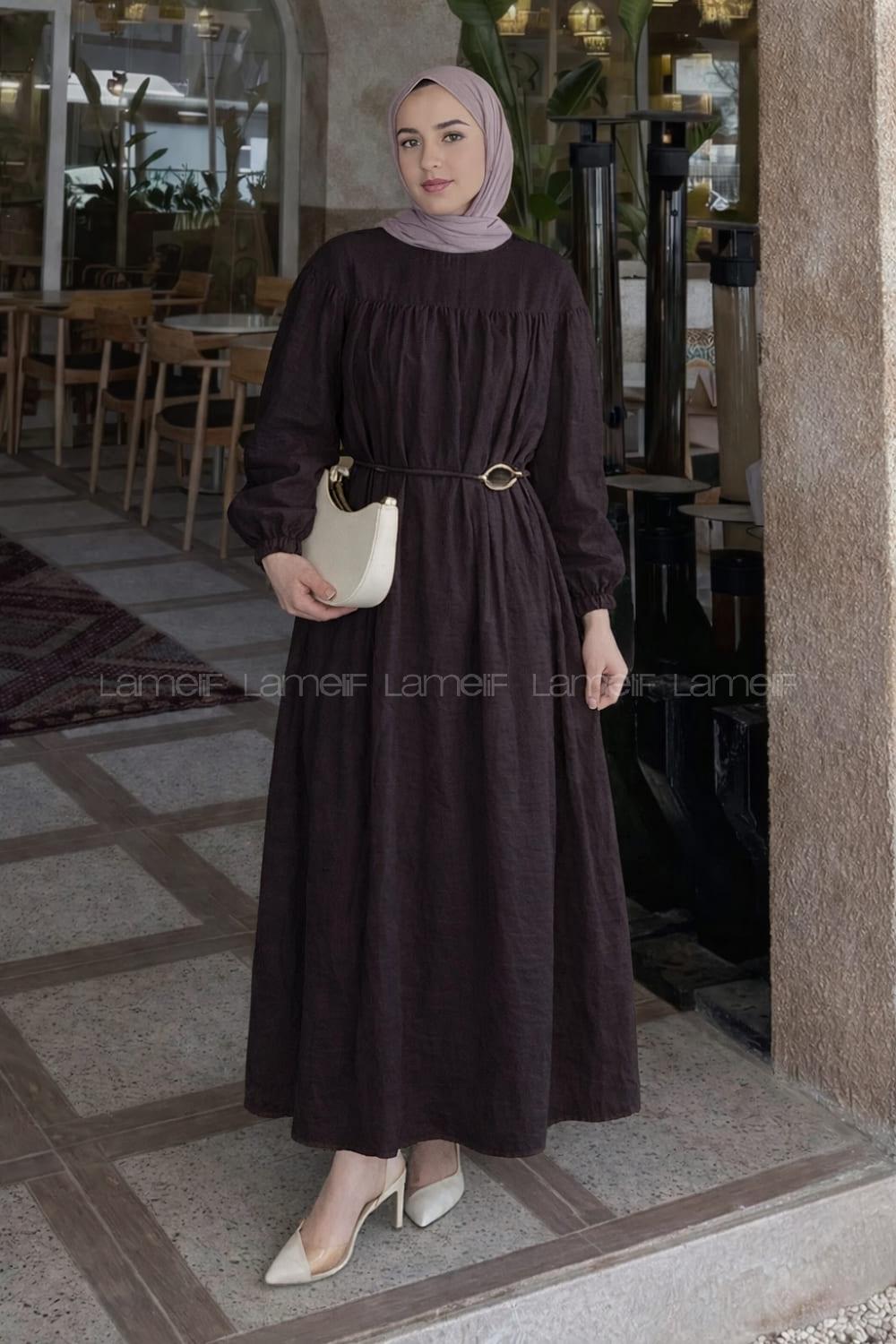 Lamelif Kemer Detaylı Tesettür Elbise Acı Kahve