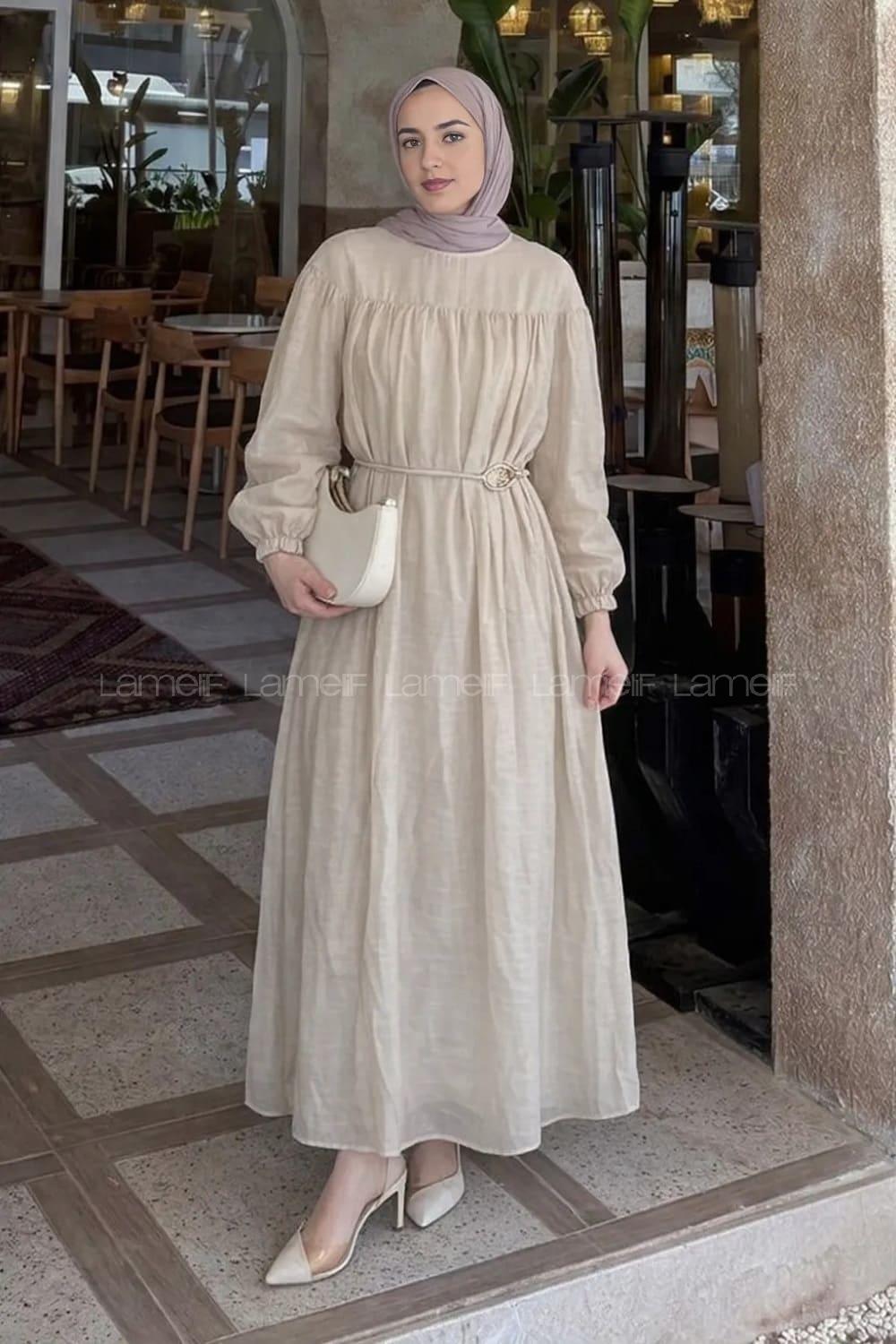 Lamelif Kemer Detaylı Tesettür Elbise Krem